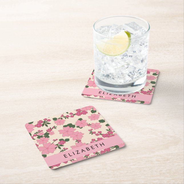 Pink Flowers, Pattern Of Flowers, Your Name Square Paper Coaster (Insitu)