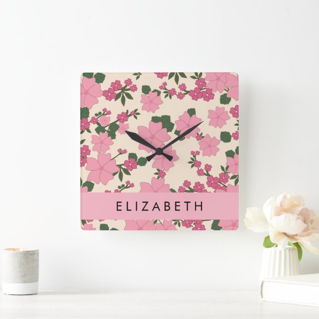 Pink Flowers, Pattern Of Flowers, Your Name Square Wall Clock (Home)