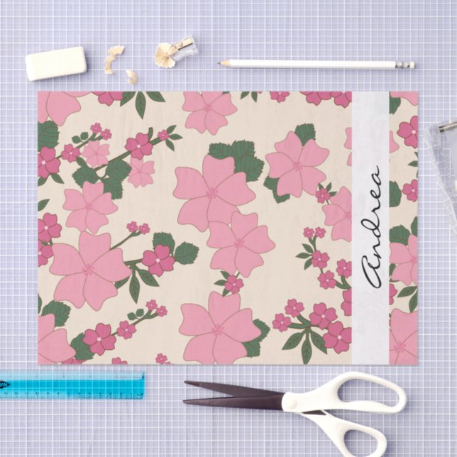 Pink Flowers, Pattern Of Flowers, Your Name Tissue Paper (Craft)