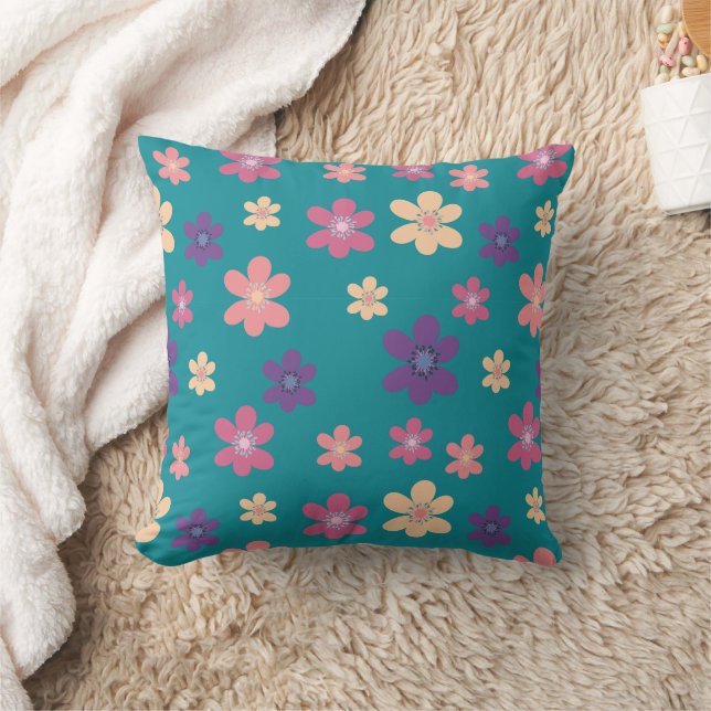 Pink Flowers Pattern on Dark Green Background Cushion (Blanket)