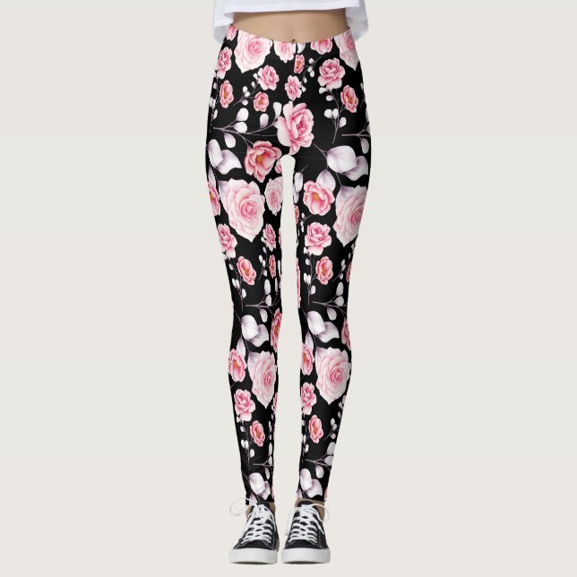 Pink flowers pattern over black leggings (Front)