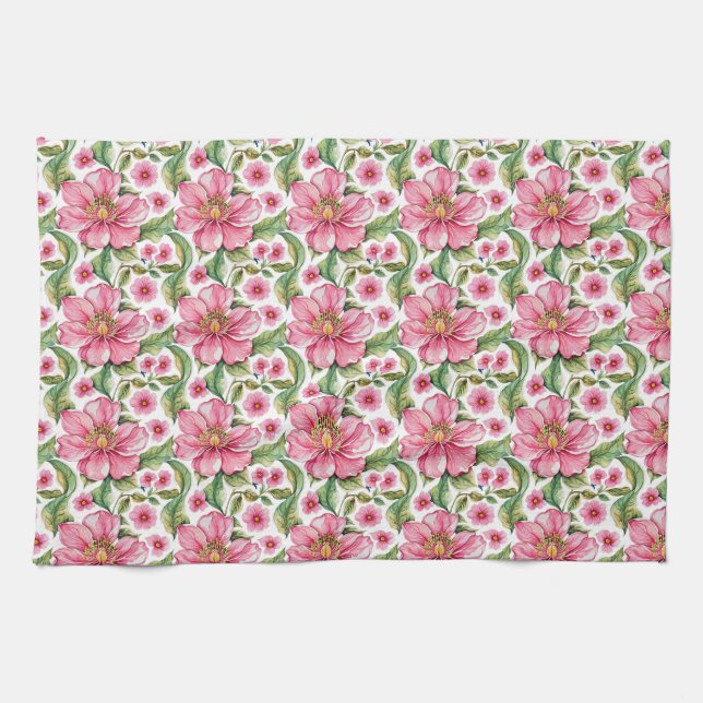 Pink Flowers Pattern Tea Towel (Horizontal)