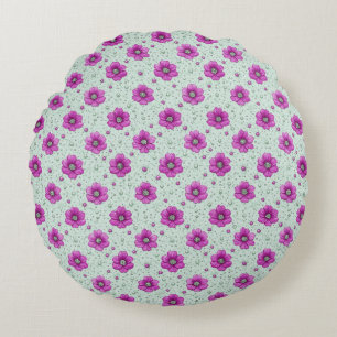 Pink Flowers Pattern With Droplets Round Cushion