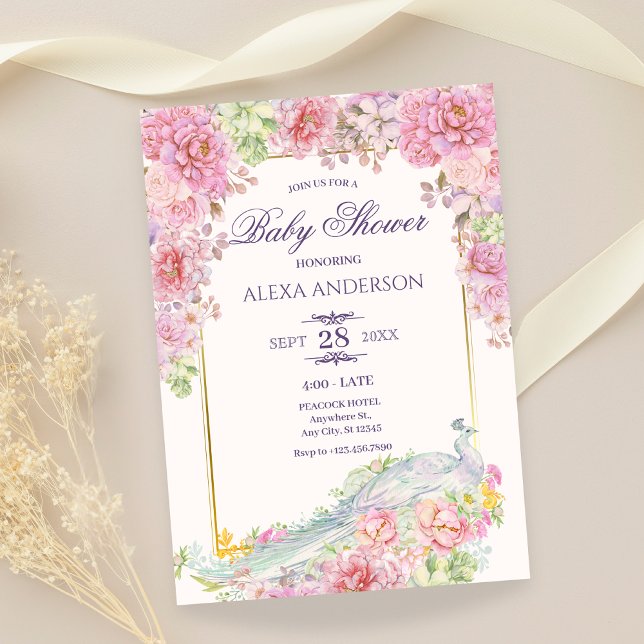 Pink Flowers Peacock Baby Shower Invitation (Creator Uploaded)