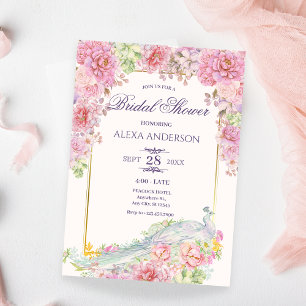 Pink Flowers Peacock Bridal Shower Invitation