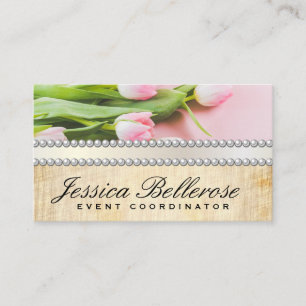 Pink Flowers   Pearls Ribbon  Business Card