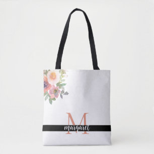 Pink Flowers Personalised Monogram Modern Elegant Tote Bag