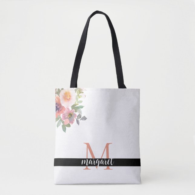 Pink Flowers Personalised Monogram Modern Elegant  Tote Bag (Front)