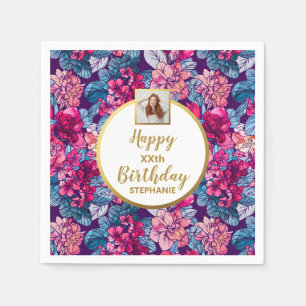 Pink Flowers, Photo, Any Age, Custom Birthday Napkin