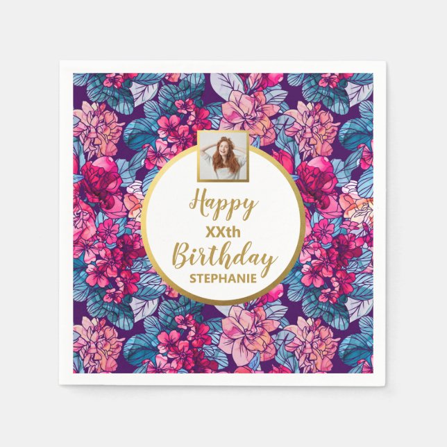 Pink Flowers, Photo, Any Age, Custom Birthday Napkin (Front)