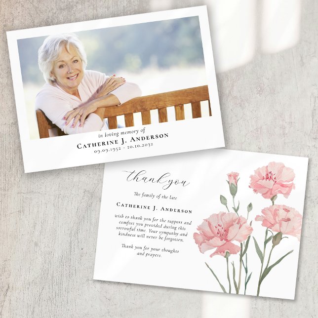 Pink flowers Photo Sympathy Funeral Memorial Thank You Card (Creator Uploaded)