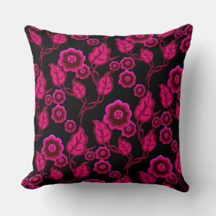 Pink flowers, pink leaves, Folk art floral/black Cushion