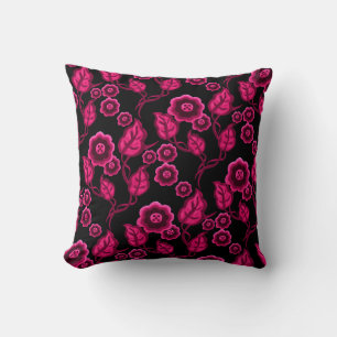 Pink flowers, pink leaves, Folk art floral/black Cushion