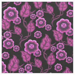 Pink flowers/pink leaves/Folk art floral/black Fabric