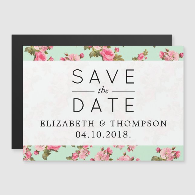 Pink Flowers, Pink Roses, Floral Save The Date Magnetic Invitation (Front/Back)