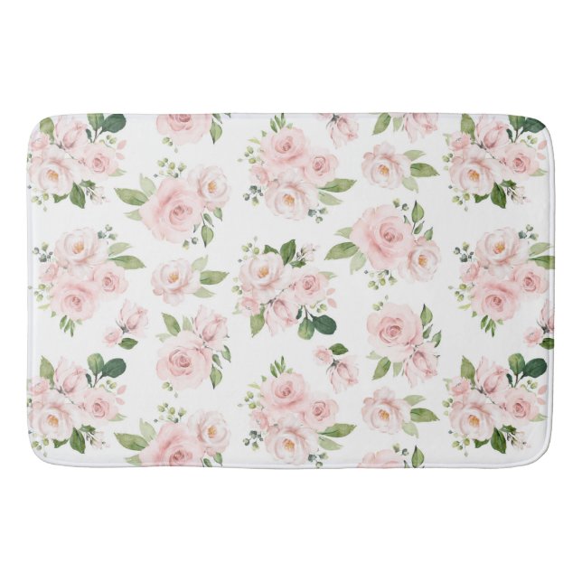 Pink Flowers, Pink Roses, Watercolor Flowers Bath Mat (Front)