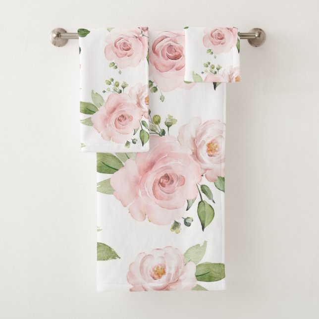 Pink Flowers, Pink Roses, Watercolor Flowers Bath Towel Set (Insitu)