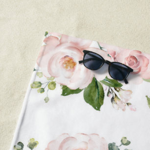 Pink Flowers, Pink Roses, Watercolor Flowers Beach Towel