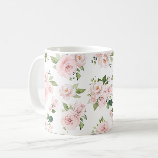 Pink Flowers, Pink Roses, Watercolor Flowers Coffee Mug (Front Left)