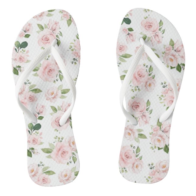 Pink Flowers, Pink Roses, Watercolor Flowers Flip Flops (Footbed)