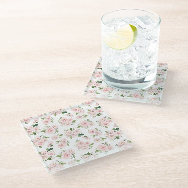 Pink Flowers, Pink Roses, Watercolor Flowers Glass Coaster (Angled)
