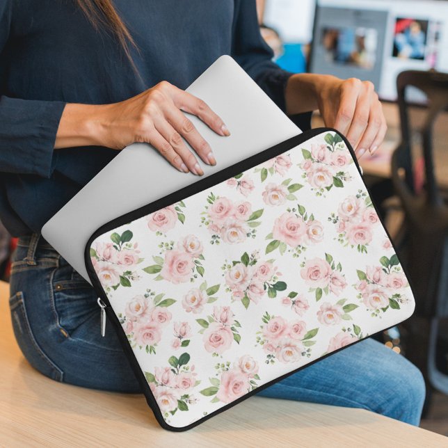 Pink Flowers, Pink Roses, Watercolor Flowers Laptop Sleeve (Creator Uploaded)