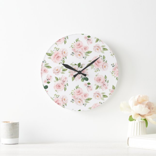 Pink Flowers, Pink Roses, Watercolor Flowers Large Clock (Home)
