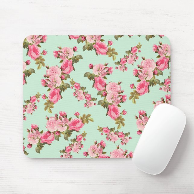 Pink Flowers, Pink Roses, Watercolor Flowers Mouse Mat (With Mouse)