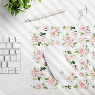 Pink Flowers, Pink Roses, Watercolor Flowers Mouse Mat
