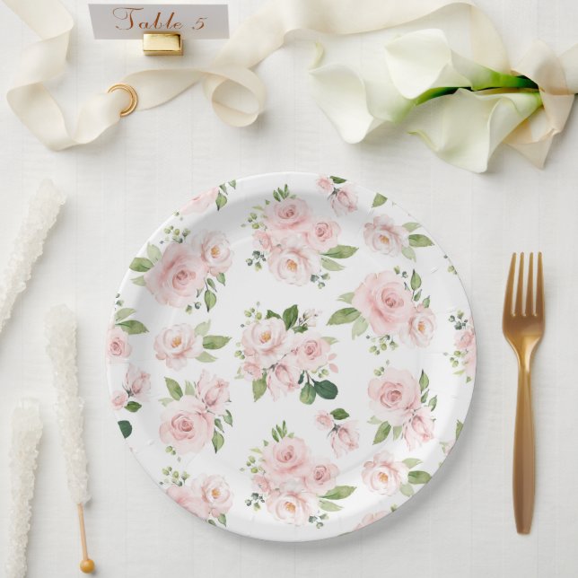 Pink Flowers, Pink Roses, Watercolor Flowers Paper Plate (Wedding)