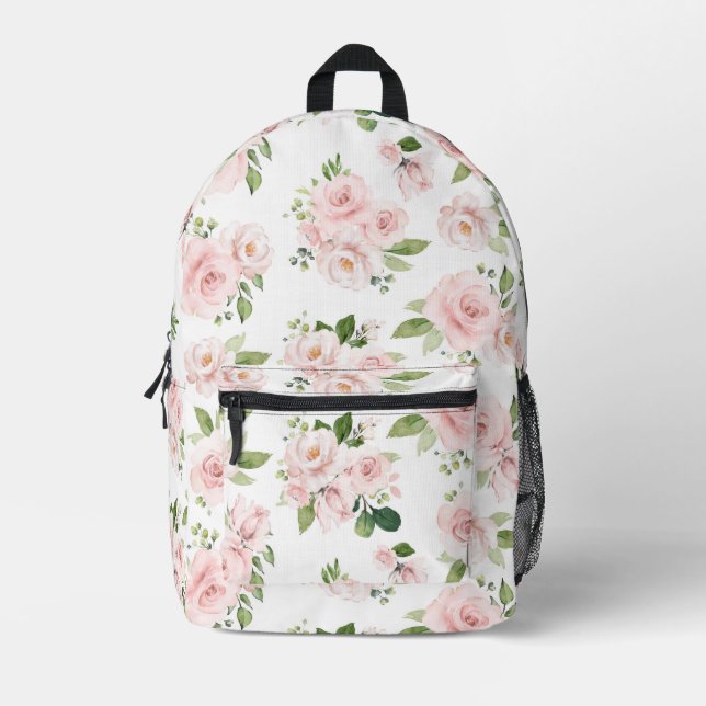 Pink Flowers, Pink Roses, Watercolor Flowers Printed Backpack (Front)