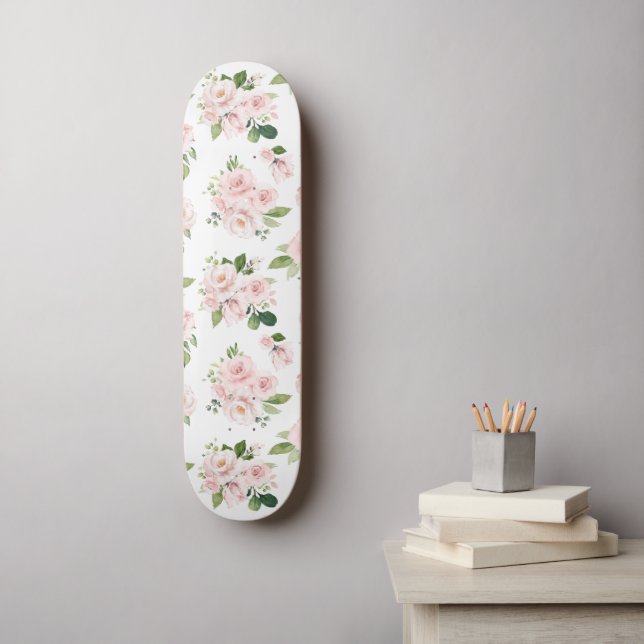 Pink Flowers, Pink Roses, Watercolor Flowers Skateboard (Wall Art)