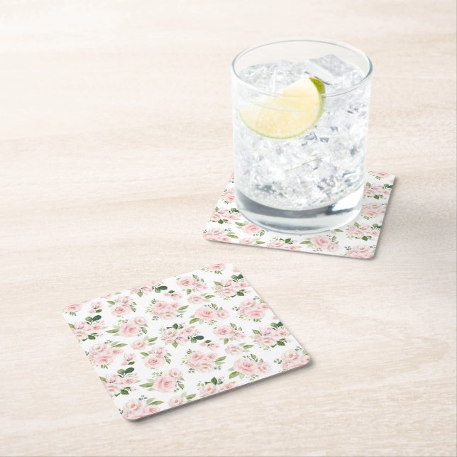Pink Flowers, Pink Roses, Watercolor Flowers Square Paper Coaster (Insitu)
