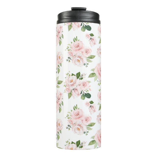 Pink Flowers, Pink Roses, Watercolor Flowers Thermal Tumbler (Front)