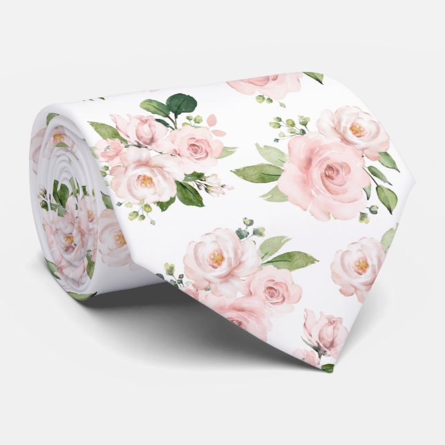 Pink Flowers, Pink Roses, Watercolor Flowers Tie (Rolled)