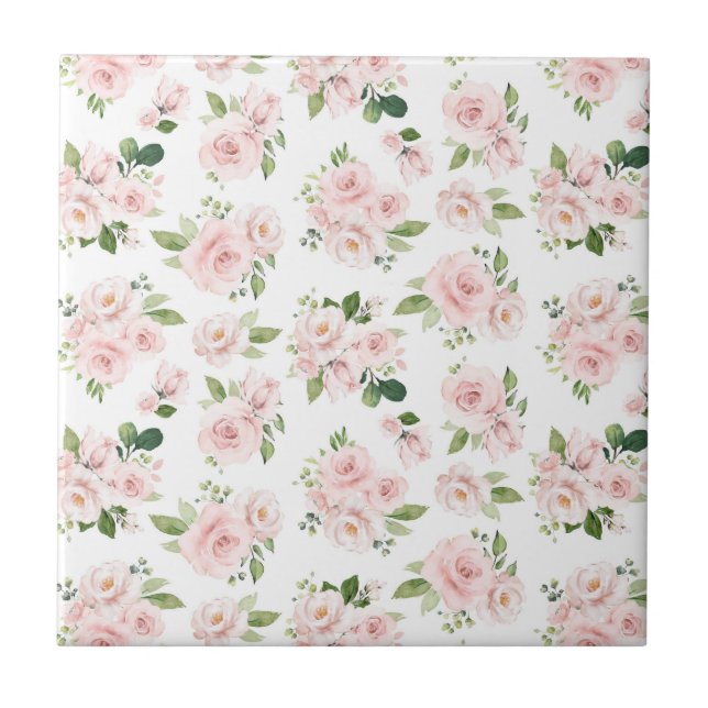 Pink Flowers, Pink Roses, Watercolor Flowers Tile (Front)