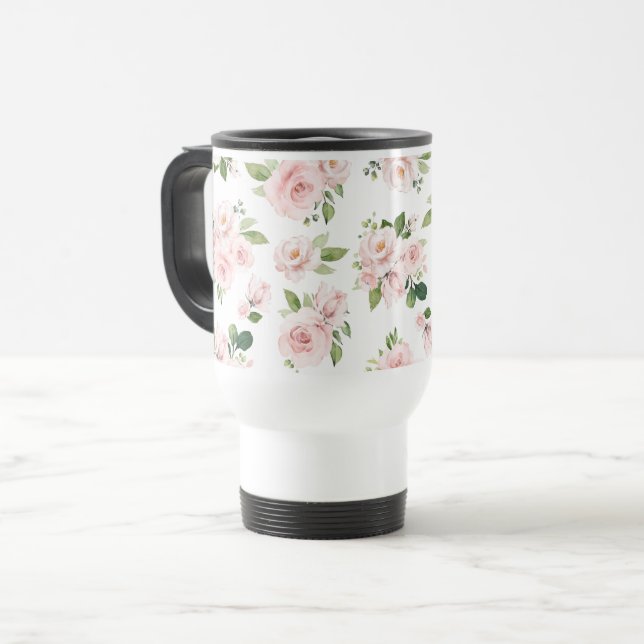 Pink Flowers, Pink Roses, Watercolor Flowers Travel Mug (Front Left)