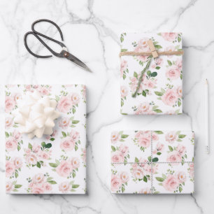 Pink Flowers, Pink Roses, Watercolor Flowers Wrapping Paper Sheet