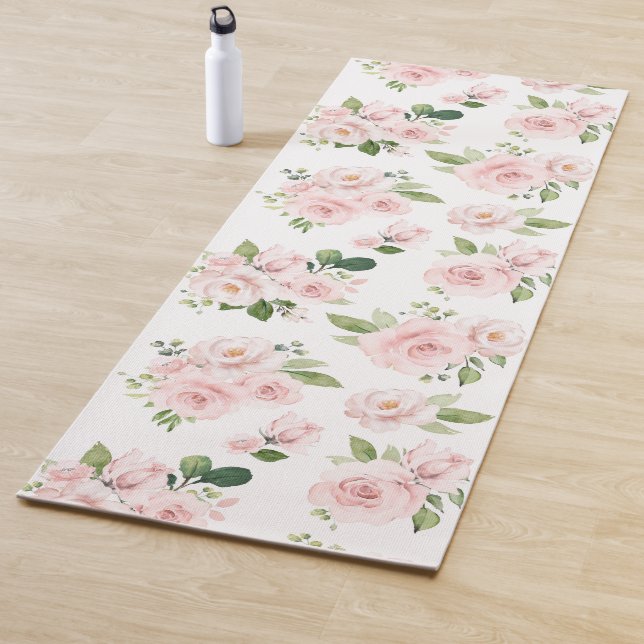 Pink Flowers, Pink Roses, Watercolor Flowers Yoga Mat (In Situ)