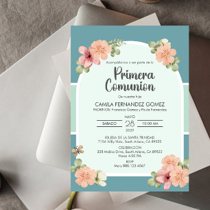 Pink Flowers Primera Comunion Cute First Communion Invitation