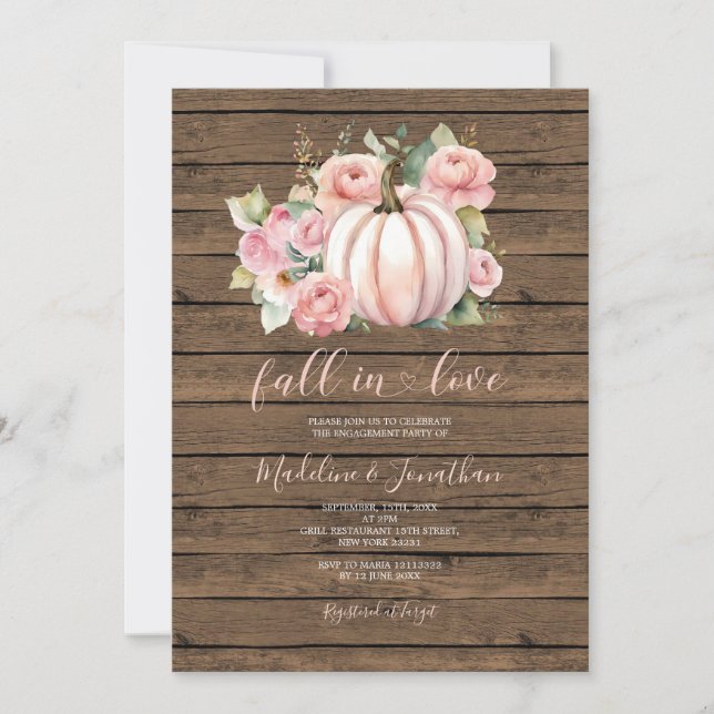 Pink Flowers Pumpkin Fall In Love Engagement Party Invitation (Front)