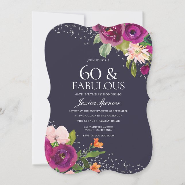 Pink Flowers Purple Back 60th Birthday Party Invitation (Front)