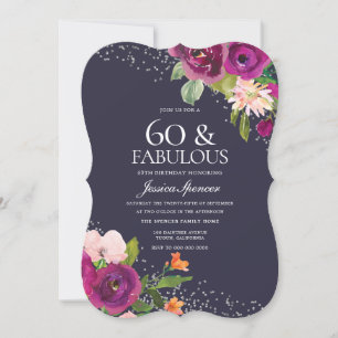 Pink Flowers Purple Back 60th Birthday Party Invitation
