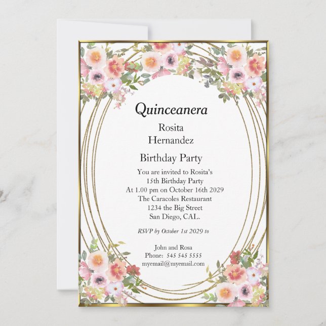 Pink Flowers Quinceanera Birthday Party Invitation (Front)