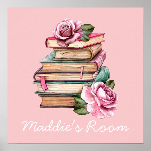 Pink flowers reading book cute kids room poster (Front)
