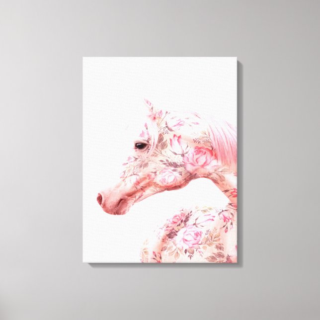 Pink Flowers Riding Horse | Aesthetic Artwork Canvas Print (Front)