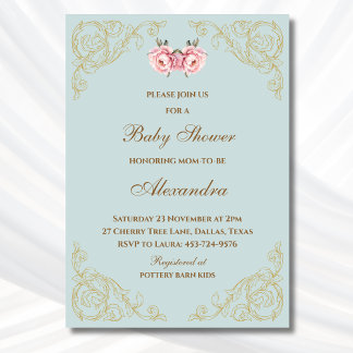 Pink Flowers Rococo Vintage Floral Baby Shower Invitation