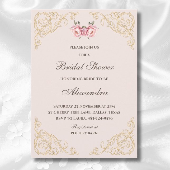 Pink Flowers Rococo Vintage Peony Bridal Shower Invitation (Creator Uploaded)