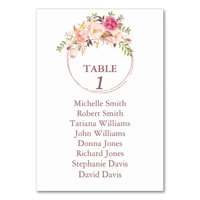Pink Flowers Rose Gold Baptism Seating Chart  Table Number (Front)