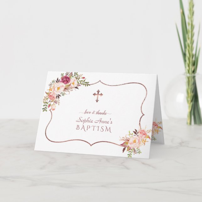 Pink Flowers Rose Gold Child Photo Baptism Thank You Card (Front)